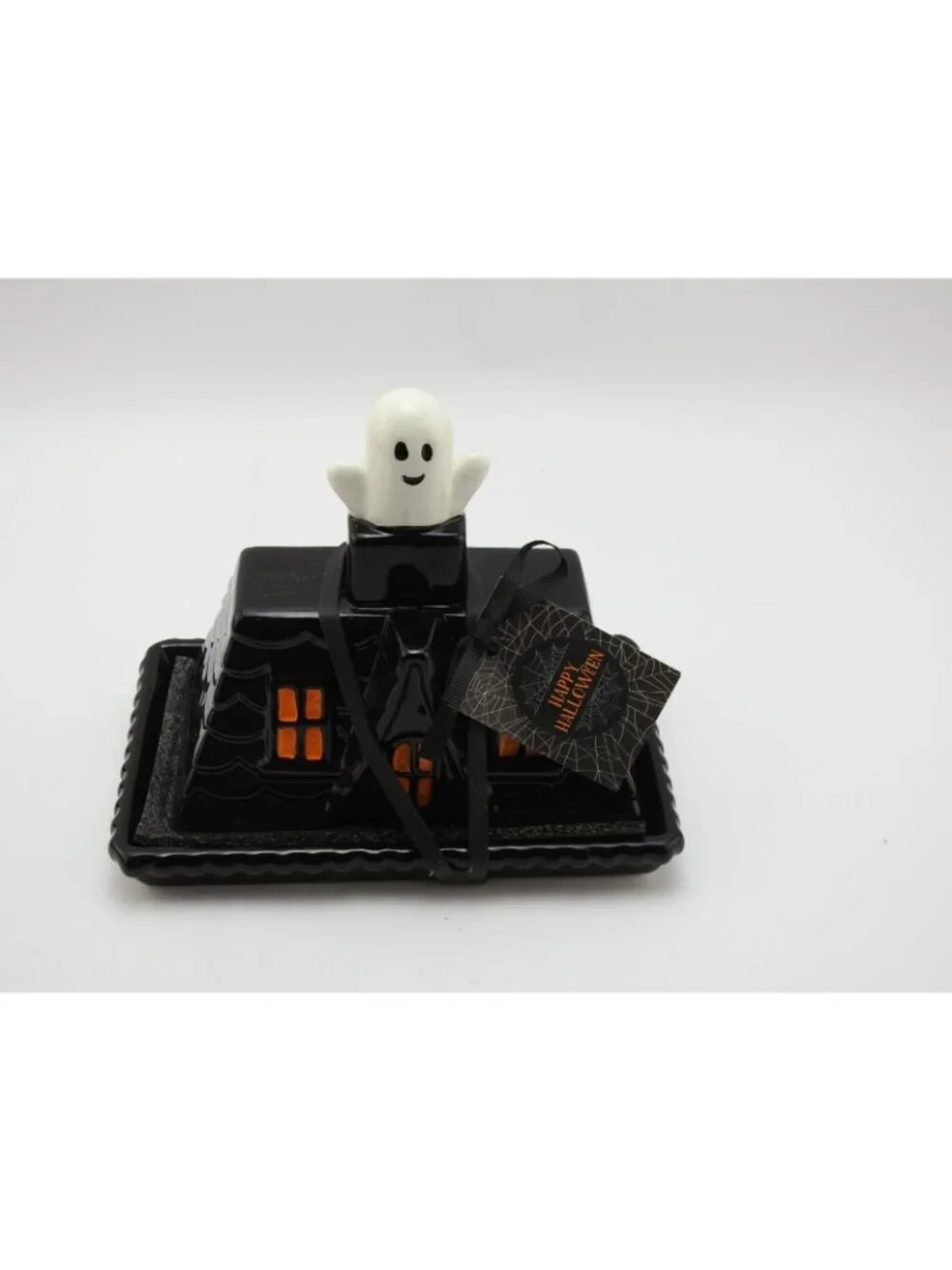 Halloween Haunted House Ghost Ceramic Butter Dish Black Orange Hand Painted NWT